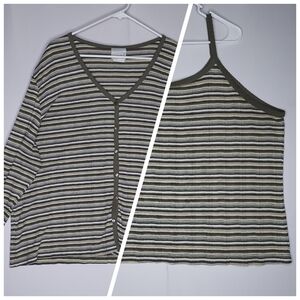 90s Vtg Fashion Bug Cardigan Tank Set 26/28 Green Tan Striped Grunge Indie Y2K